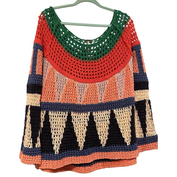 Free People Crochet Colorblock Open-Knit Sweater in Green, Red, Peach, Black - Picture 4 of 8
